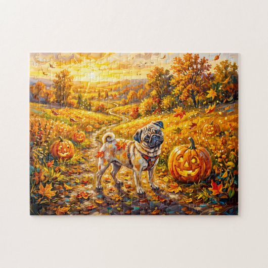 Whimsical Herfst Pompoen Pad Mops Illustratie Legpuzzel (Horizontaal)
