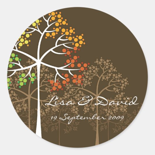 Whimsical Herfst Trees Modern Autumn Wedding Stick Ronde Sticker (Voorkant)