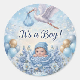 Whimsical Het is een Jongen Blauwe Ooievaar Baby B Ronde Sticker