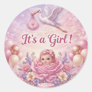 Whimsical Het is een meisje Roze Ooievaar Baby Sho Ronde Sticker