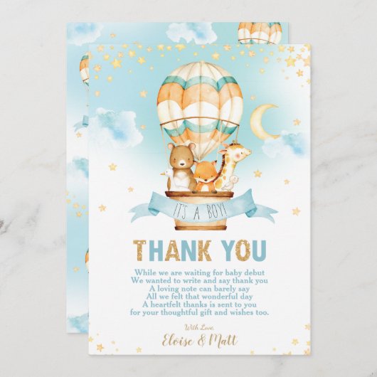 Whimsical Hete Luchtballon Baby shower Leuke Diere Bedankkaart (Voorkant / Achterkant)