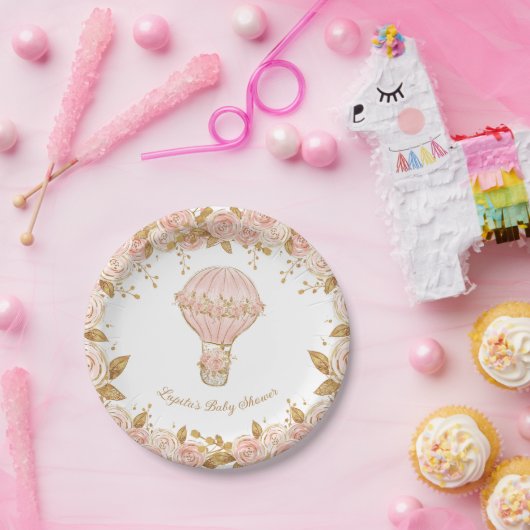 Whimsical Hete Luchtballon Roos Baby shower Papieren Bordje (Feest)