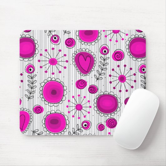 Whimsical hete roze witte harten en bloemen bloeme muismat (Met muis)