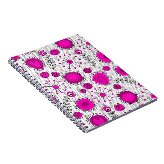 Whimsical hete roze witte harten en bloemen bloeme notitieboek (Rechterzijde)