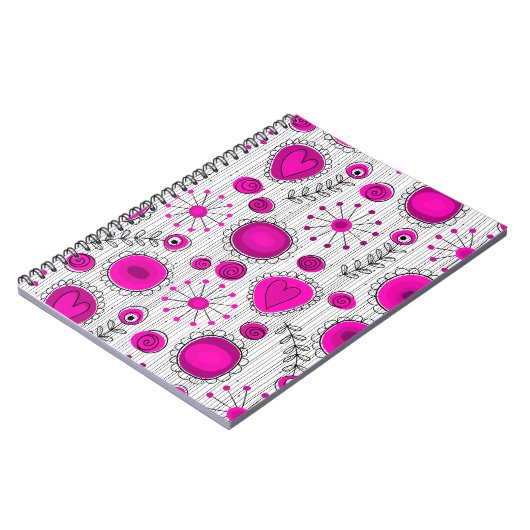 Whimsical hete roze witte harten en bloemen bloeme notitieboek (Linkerzijde)