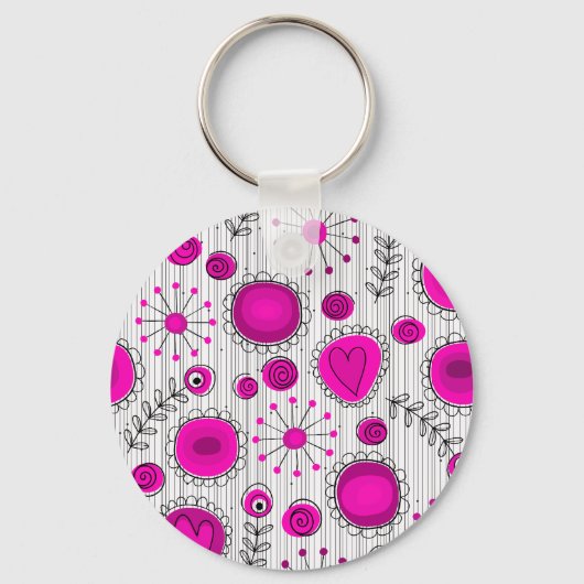Whimsical hete roze witte harten en bloemen bloeme sleutelhanger (Voorkant)
