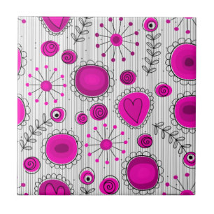 Whimsical hete roze witte harten en bloemen bloeme tegeltje