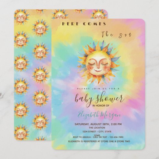 Whimsical hier komt de Sun Tie Dye Baby shower Kaart (Voorkant / Achterkant)