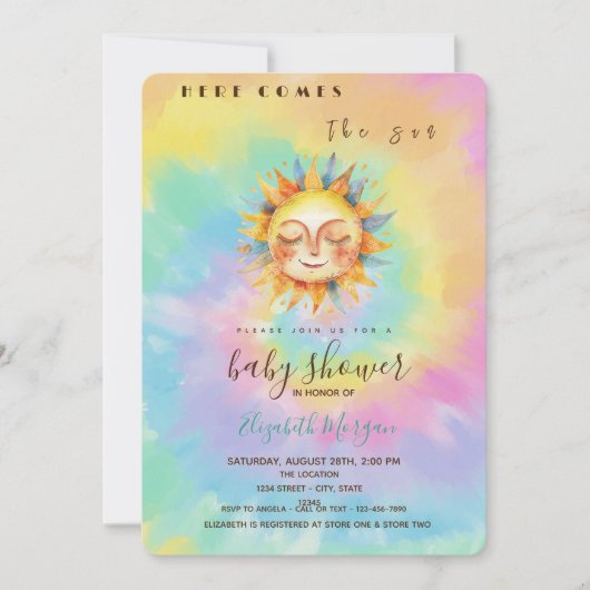 Whimsical hier komt de Sun Tie Dye Baby shower Kaart (Voorkant)