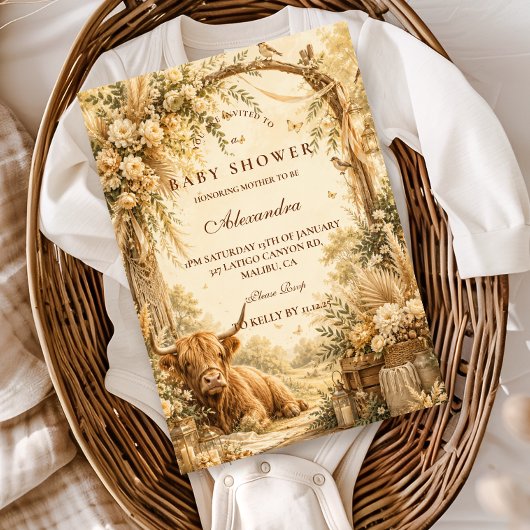 Whimsical Highland Koe Boho Baby Shower Kaart