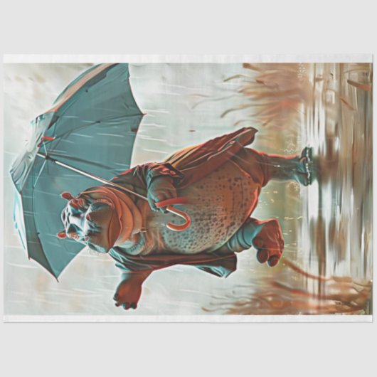 Whimsical Hippo Dancing in Regen Decoupage Tissuepapier (Voorkant)