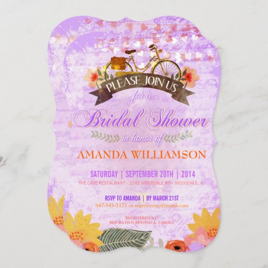 Whimsical Hipster Bicycle Bridal Shower Invitation Kaart (Voorkant / Achterkant)