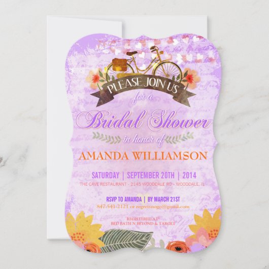 Whimsical Hipster Bicycle Bridal Shower Invitation Kaart (Voorkant)