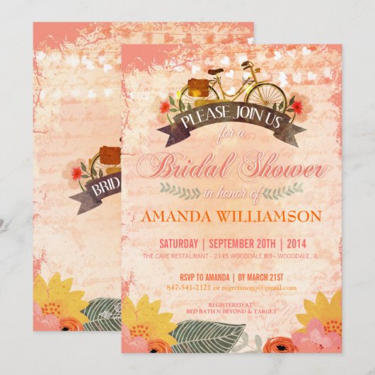 Whimsical Hipster Bicycle Bridal Shower Invitation Kaart (Voorkant / Achterkant)