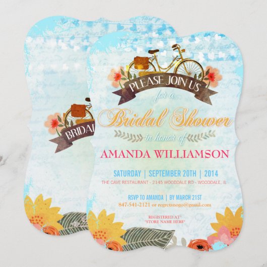 Whimsical Hipster Bicycle Bridal Shower Invitation Kaart (Voorkant / Achterkant)