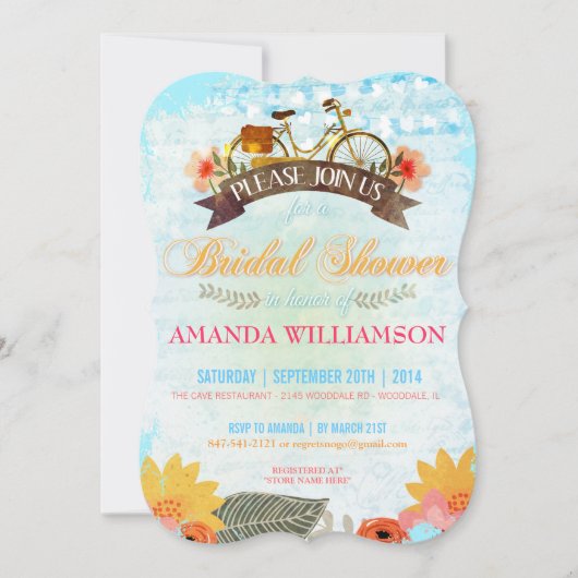 Whimsical Hipster Bicycle Bridal Shower Invitation Kaart (Voorkant)