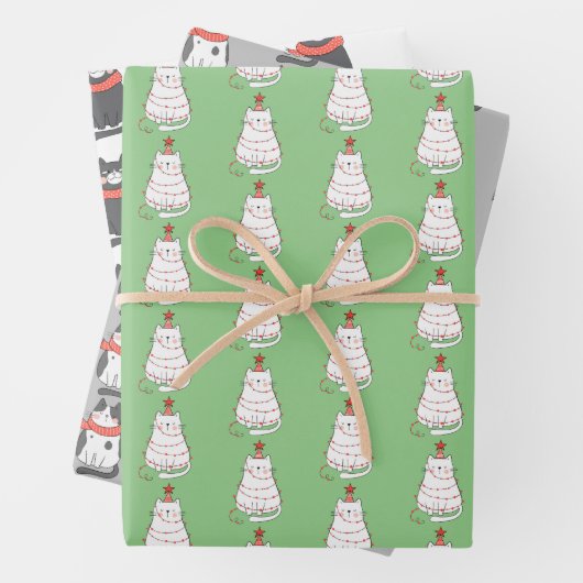 Whimsical Holiday Cat Trio Inpakpapier Vel (In situ)