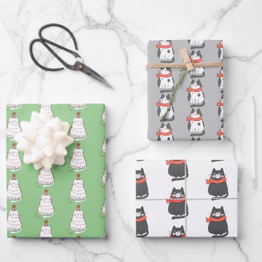 Whimsical Holiday Cat Trio Inpakpapier Vel (Voorkant)