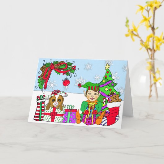 Whimsical Holiday Elf en Festive Gifts Custom Kaart (Gele Bloem)