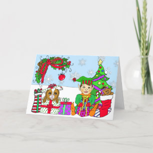 Whimsical Holiday Elf en Festive Gifts Custom Kaart