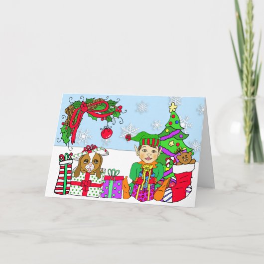 Whimsical Holiday Elf en Festive Gifts Custom Kaart (Voorkant)