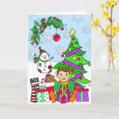 Whimsical Holiday Elf en kerstboom Kaart (Gele Bloem)