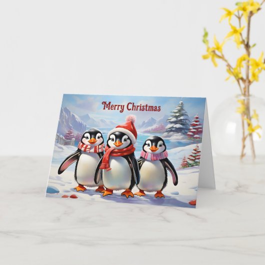 Whimsical Holiday Pinguin Trio Kaart (Gele Bloem)