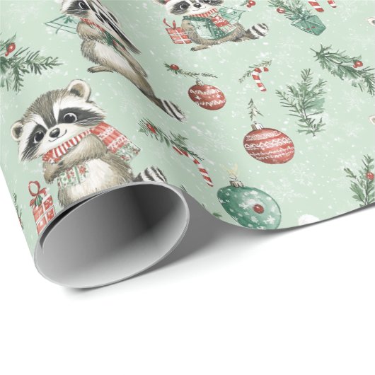 Whimsical Holiday Raccoon Wrapping Paper Cadeaupapier (Rol Hoek)