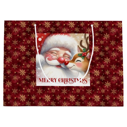 Whimsical Holiday Santa and Red Nose Rudolph Bag Groot Cadeauzakje (Voorkant)