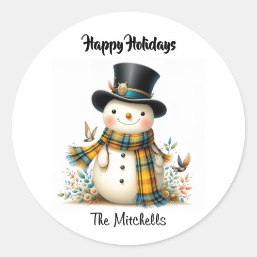 Whimsical Holiday Snowman Classic Round Sticker (Voorkant)