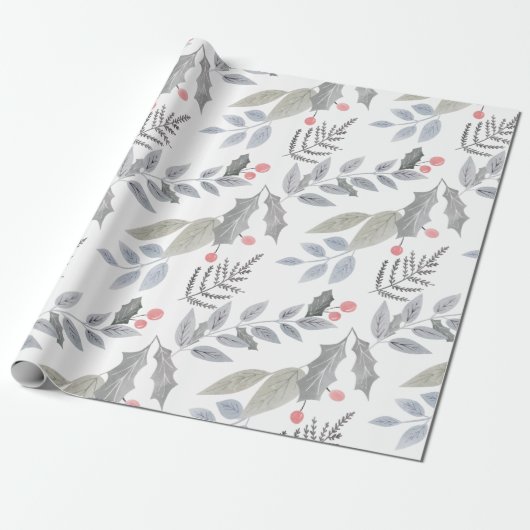 Whimsical Holly Berry Leaves Kerstmis Cadeaupapier (Uitgerold)