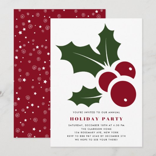 Whimsical Holly Modern Holiday Party Invitation Kaart (Voorkant / Achterkant)