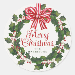 Whimsical Holly Wreath Christmas Ronde Sticker
