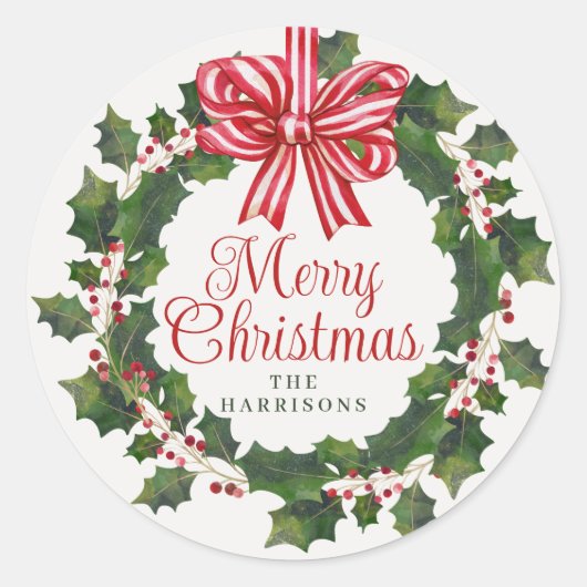 Whimsical Holly Wreath Christmas Ronde Sticker (Voorkant)
