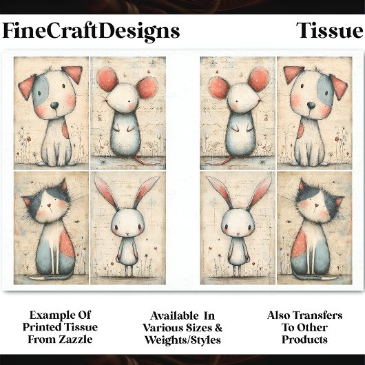 Whimsical Hond, Kat, Muis & Bunny DS1B Decoupage Tissuepapier