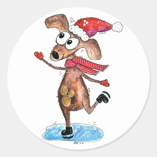 Whimsical-hond op Ice-Schaatsen Ronde Sticker (Voorkant)