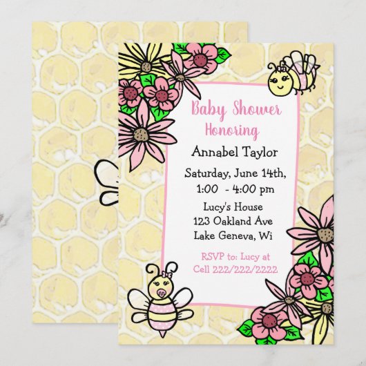 Whimsical Honey Bee Girl's Baby shower Kaart (Voorkant / Achterkant)