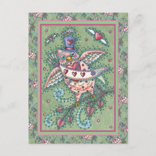 WHIMSICAL HOOTS N' HEARTS CUPID OWL VALENTIJN FEESTDAGENKAART (Voorkant)