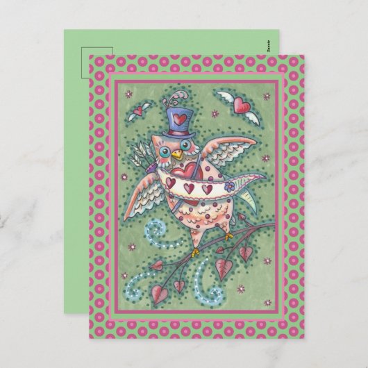 WHIMSICAL HOOTS N' HEARTS CUPID OWL VALENTIJN FEESTDAGENKAART (Voorkant / Achterkant)