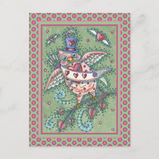 WHIMSICAL HOOTS N' HEARTS CUPID OWL VALENTIJN FEESTDAGENKAART (Voorkant)
