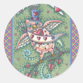 WHIMSICAL HOOTS N' HEARTS CUPID OWL VALENTIJN RONDE STICKER