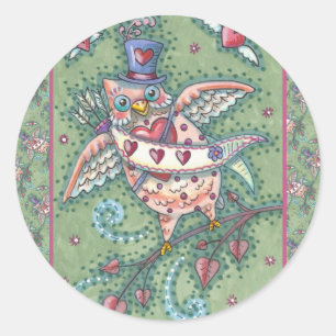 WHIMSICAL HOOTS N' HEARTS CUPID OWL VALENTIJN RONDE STICKER