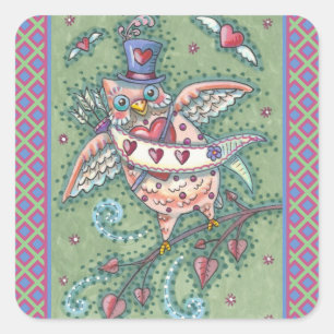 WHIMSICAL HOOTS N' HEARTS CUPID OWL VALENTIJN VIERKANTE STICKER