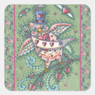 WHIMSICAL HOOTS N' HEARTS CUPID OWL VALENTIJN VIERKANTE STICKER