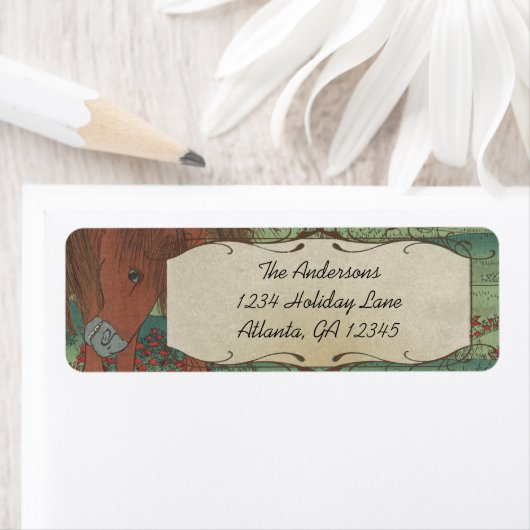 Whimsical Horse Red Flowers Return Address Label (Insitu)