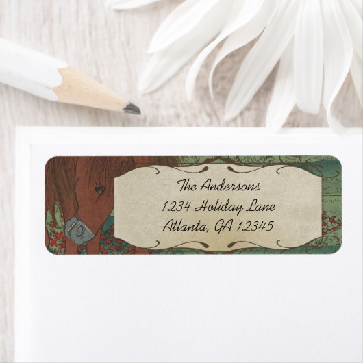 Whimsical Horse Red Flowers Return Address Label (Insitu)