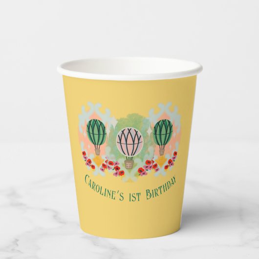 Whimsical Hot Air Ballon Verjaardag Papieren Bekers (Achterkant)