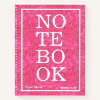 Whimsical Hot Pink and Red Peonies Bold "NOTEBOOK" Notitieboek