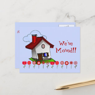 Whimsical House and Flowers "We've Moved" Briefkaa Aankondigingskaart