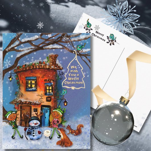 Whimsical House and Winter Woodland Friends  Feestdagenkaart